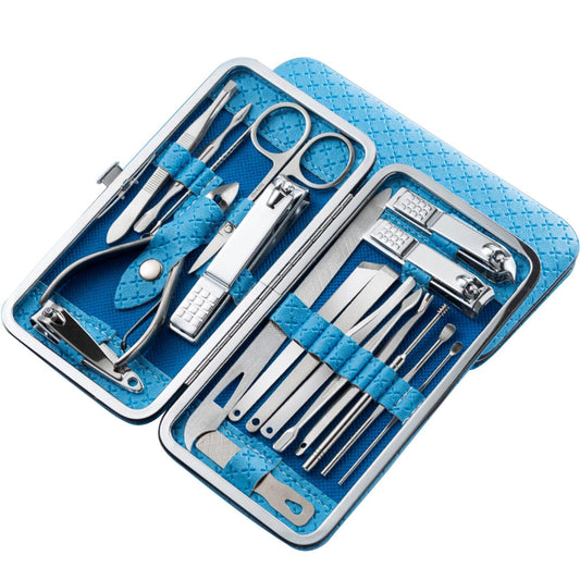 Nail Clippers, Stainless Steel Anti-Splash Nail Clippers, Nail Clippers with Flat Mouth Household File, for Manicure, Pedicure, Women and Men (19 Piece Set Blue)