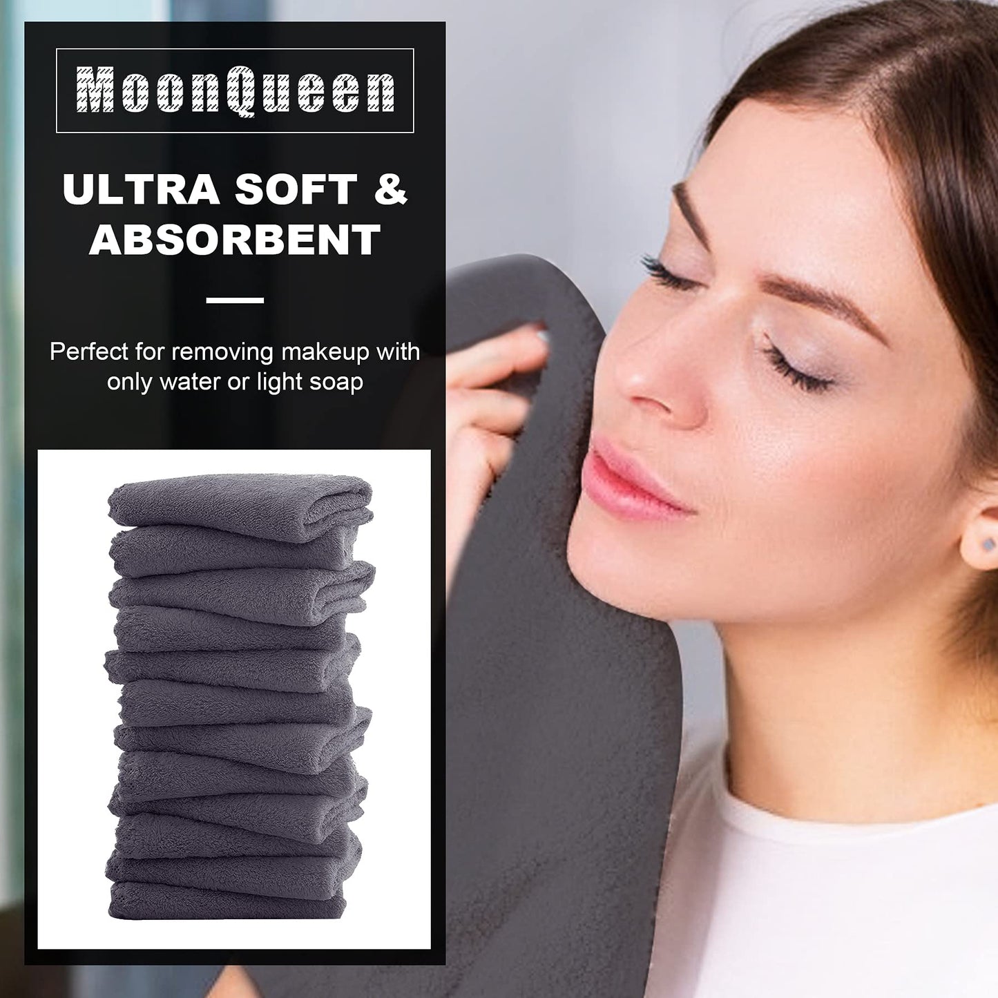 MOONQUEEN Microfiber Facial Cloths Fast Drying Washcloth 12 Pack - Premium Soft Makeup Remover Cloths - Grey