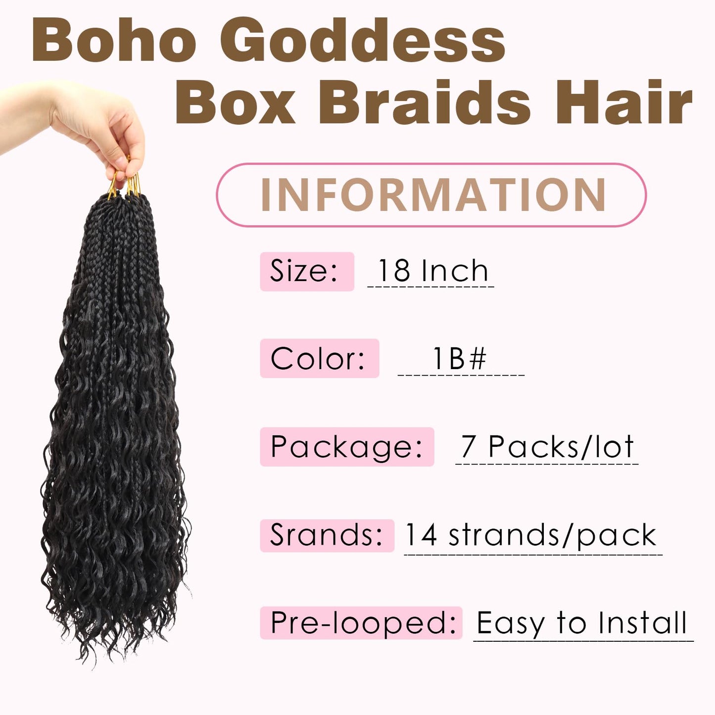 Eeanno Goddess Box Braids Crochet Hair 18 Inch 7 Packs Boho Crochet Braids for Women Pre Looped Crochet Box Braids with Curly Ends, 1B