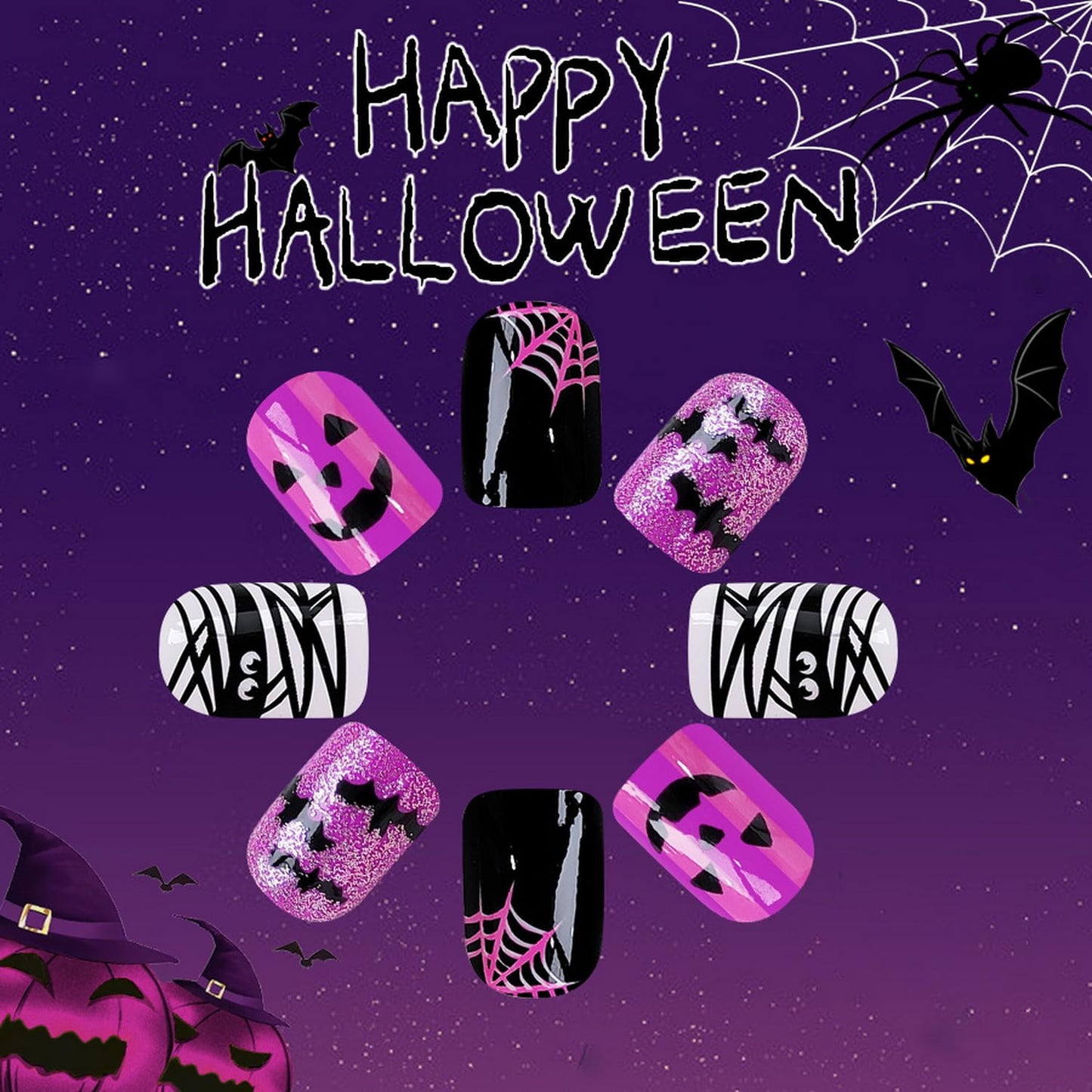 Halloween Press on Nails Short Square Mummy Fake Nails Purple Full Cover Pumpkin Monster False Nails with Designs Glitter Glossy Glue on Nails Cute Acrylic Nails Artificial Nails for Women Girls