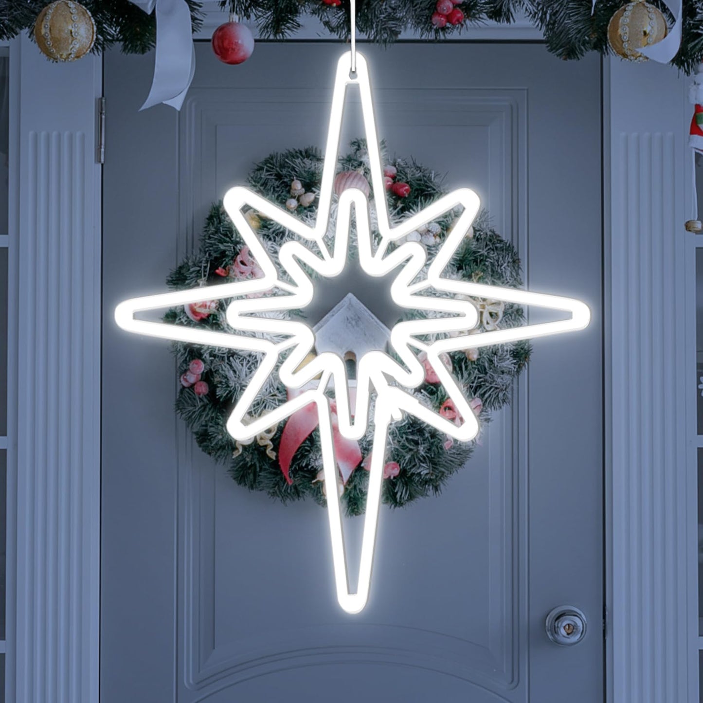 Baquler 20 x 17.32 Inches LED Lighted Bethlehem Star Christmas Light, Christmas Silhouette Window Light Hanging Christmas Star Wall Decor Plug in Star of Bethlehem Outdoor Lights Tree (Cool White)