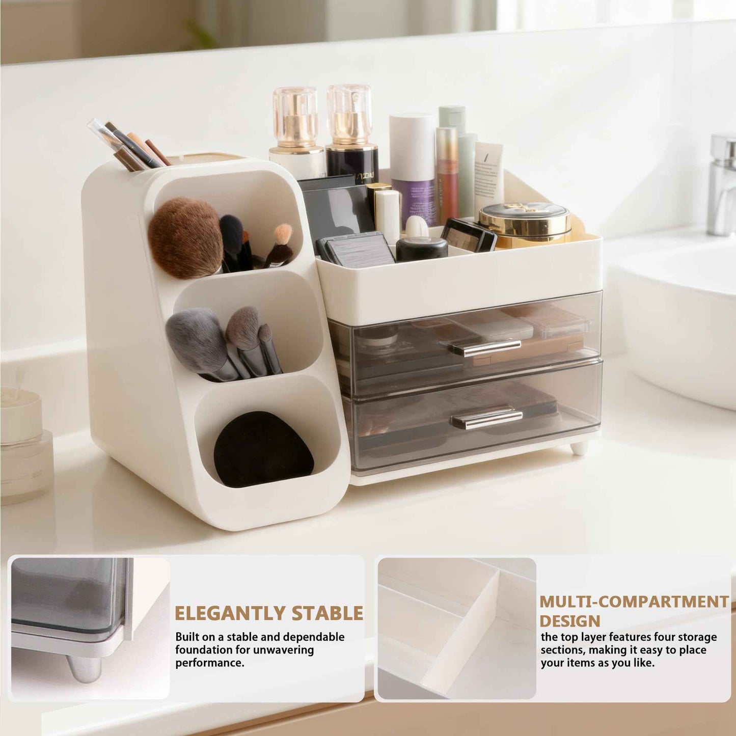 Homeanda Makeup Organizer with Drawers – Large Cosmetic Storage Box for Vanity, Bathroom, or Bedroom, Perfect for Skincare, Brushes, Lipstick, Eyeshadow,and Beauty Essentials (White)