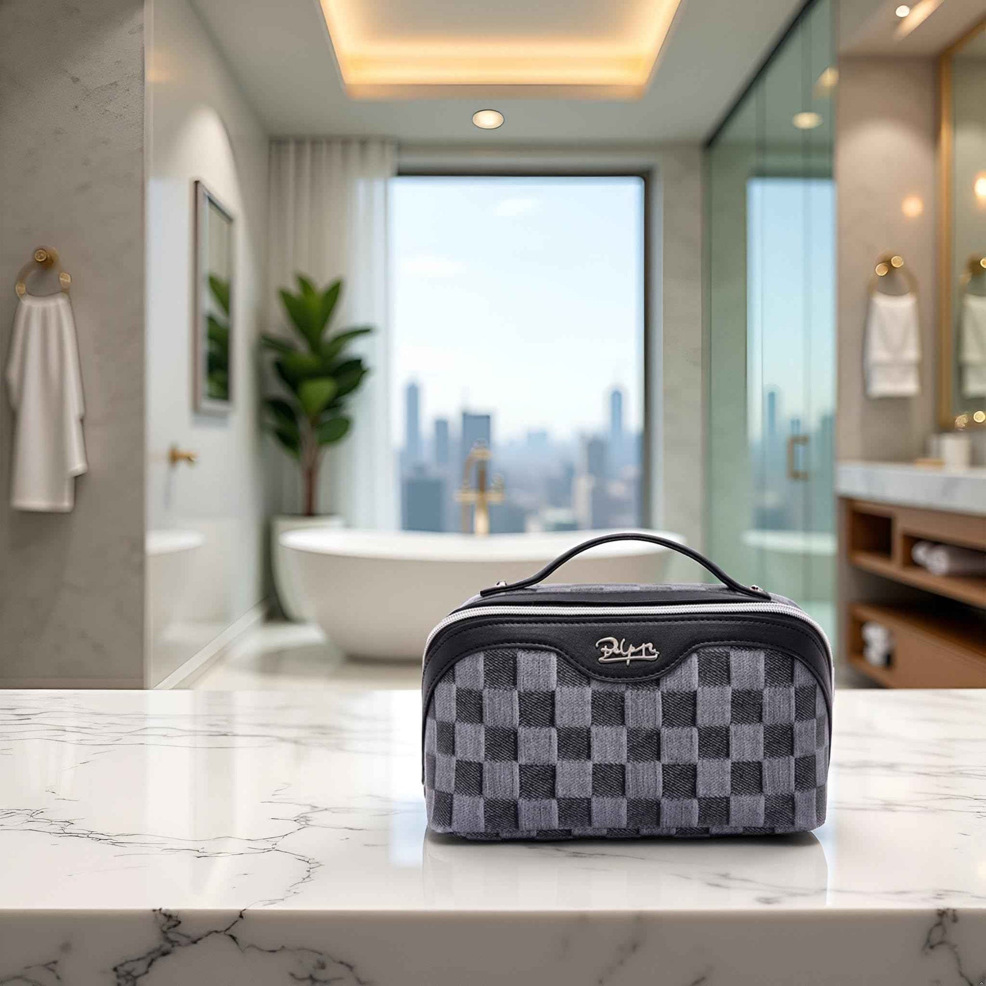 BOYATU Travel Makeup Bag for Women: Large Cosmetic Bag Set of 3 - PU Leather Make up Bag with Compartments - Compact Waterproof Toiletry Bag with Divider & Handle (D-2-Black)