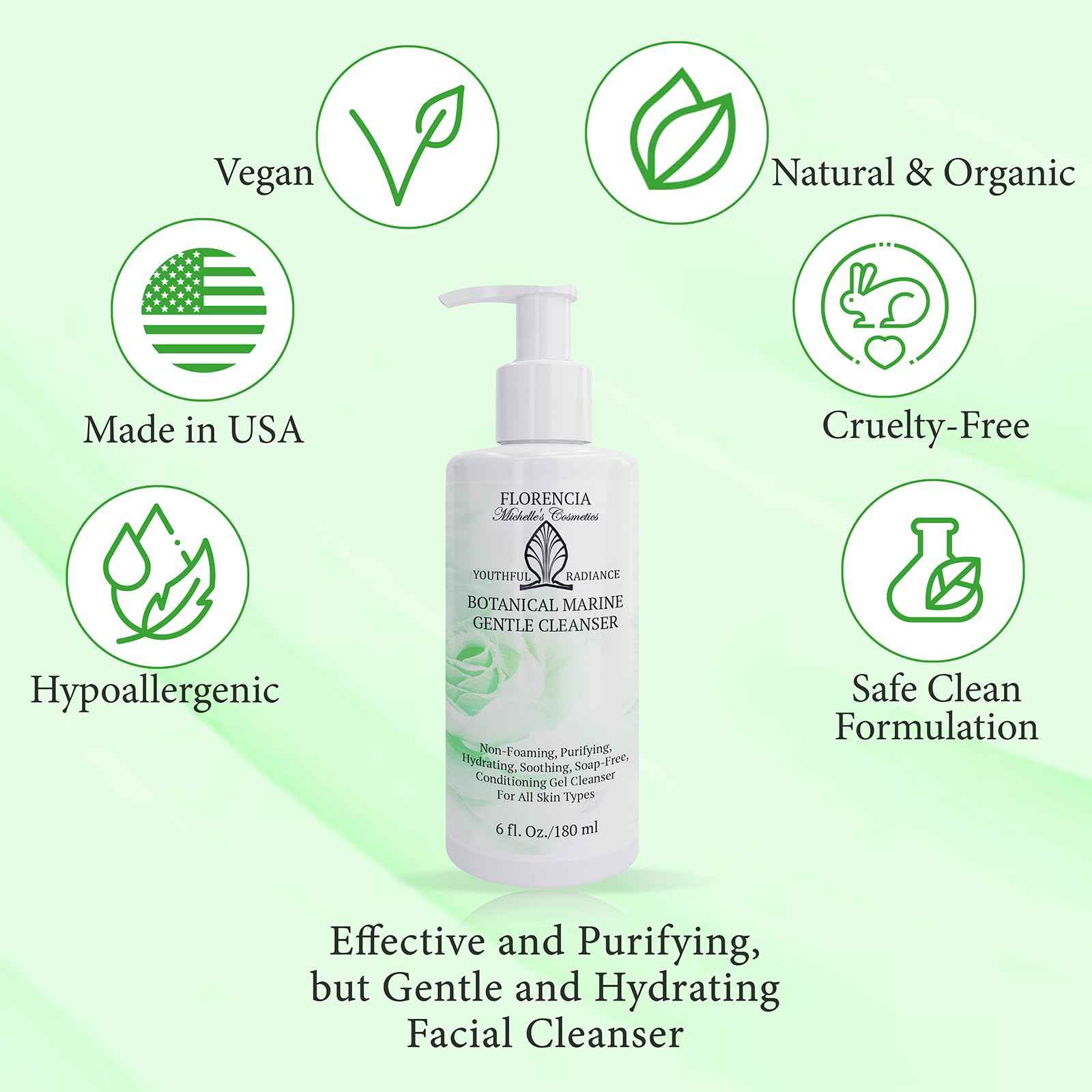 Florencia Botanical Marine Gentle Cleanser - Non-Foaming, Hydrating, Oil-Free Face Wash for Dry to Normal Skin - With Marine Algae & Organic Botanicals - Sensitive Skin, 6 oz