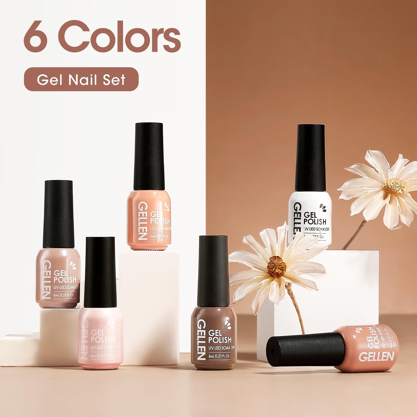 Gellen Brown Gel Nail Polish Set, 6 Colors Nude Gel Polish Set, Neutral Gel Tones Nail Polish Soak off U/V Cured, Christmas Gel Nail Polish Set for Gift Salon Use