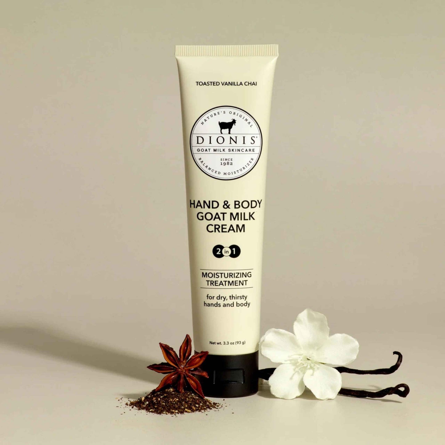 Dionis Goat Milk Skincare Bundle - Vanilla Chai Hand & Body Cream (3.3 oz Travel Size) & Body Lotion (8.5 oz Full Size), Moisturizing Set for Dry and Sensitive Skin, Cruelty-Free and Paraben-Free