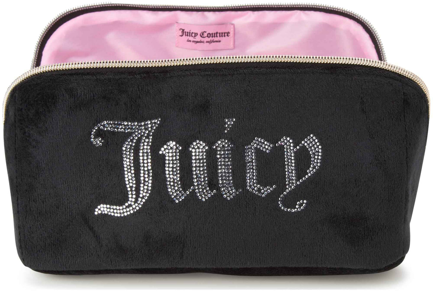 Juicy Couture Black Makeup Bag Cosmetics Organizer Travel Essentials Cross Zip Velour Rhinestone Gold Handle