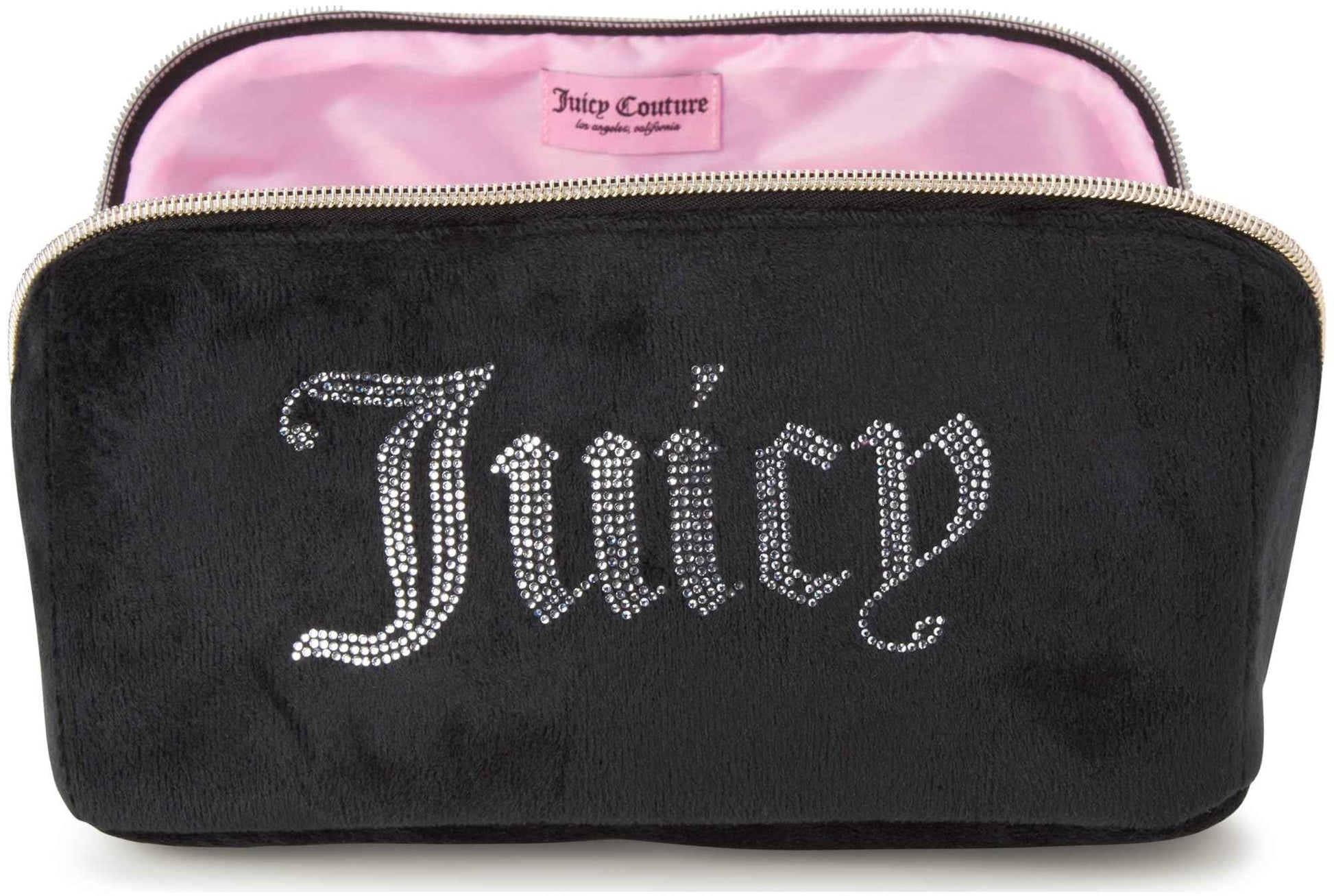 Juicy Couture Black Makeup Bag Cosmetics Organizer Travel Essentials Cross Zip Velour Rhinestone Gold Handle