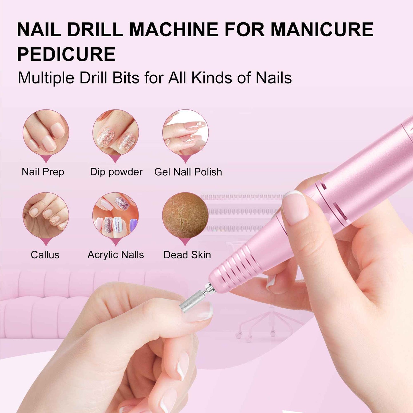 Professional Electric Nail Drill File:COSYGLOW Glitter Portable Cordless E-File Nail Drill Kit with 11 Drill Bits,30000 RPM Rechargeable Nail Drills Machine for Acrylic Nails Gel Polishing (Pink)