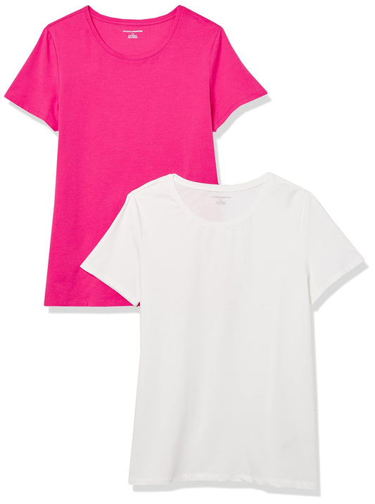 Amazon Essentials Women's Classic-Fit Short-Sleeve Crewneck T-Shirt, Pack of 2, Bright Pink/White, X-Small