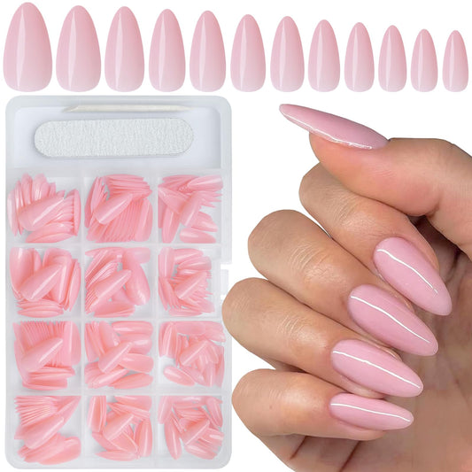 Bellelfin 360pcs Almond Press on Nails, Medium Length Fake Nails Glossy Peach Pink False Nails Acrylic Nails Press Ons with 10 Sheets Adhesive Tabs for Women Girls Fingernails Design