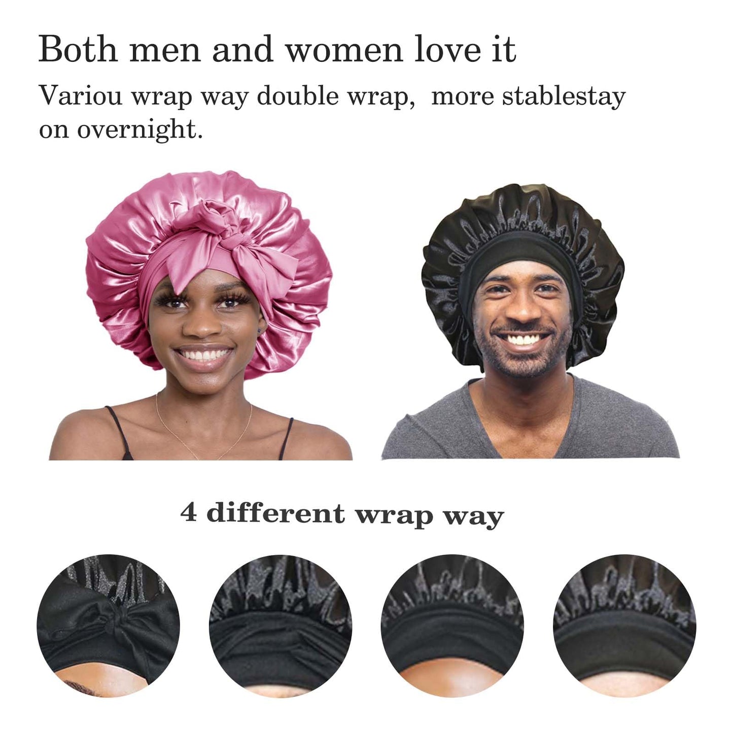 BONNET QUEEN 2pcs Pack Silk Bonnet for Sleeping Women Satin Bonnet Hair Bonnet Night Sleep Cap for Men with tie Band Black Pink