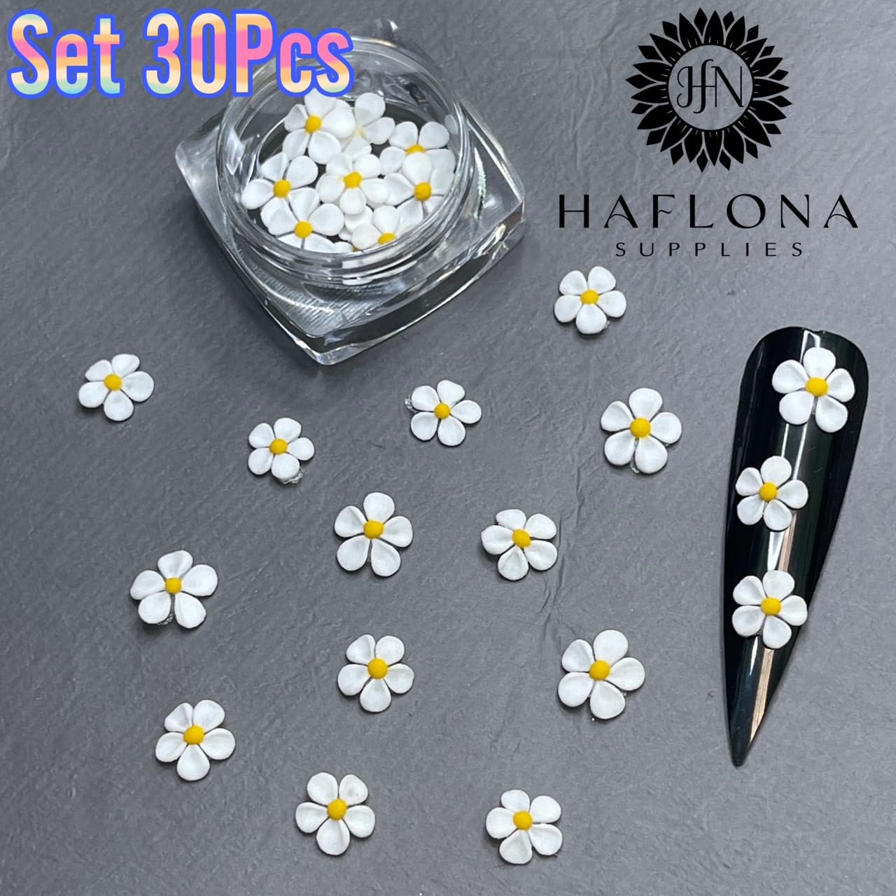 Set 30Pcs White 3D Flowers for Nails, Apricot Handmade 3D Acrylic Flowers for Nails, Flower Nail Charms Rhinestones Gems by Acrylic Powder Design Nail Art Women Girls (White+Yellow pistil-30Pcs)