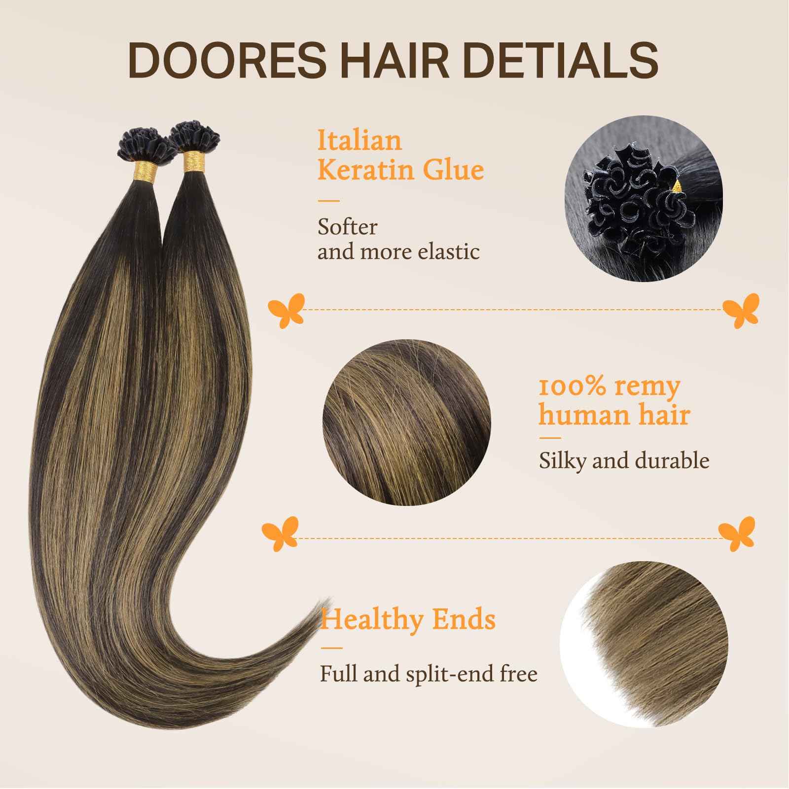 DOORES U Tip Hair Extensions Human Hair, Chocolate Brown to Caramel Blonde 18 Inch 50g/50s, K Tip Extensions