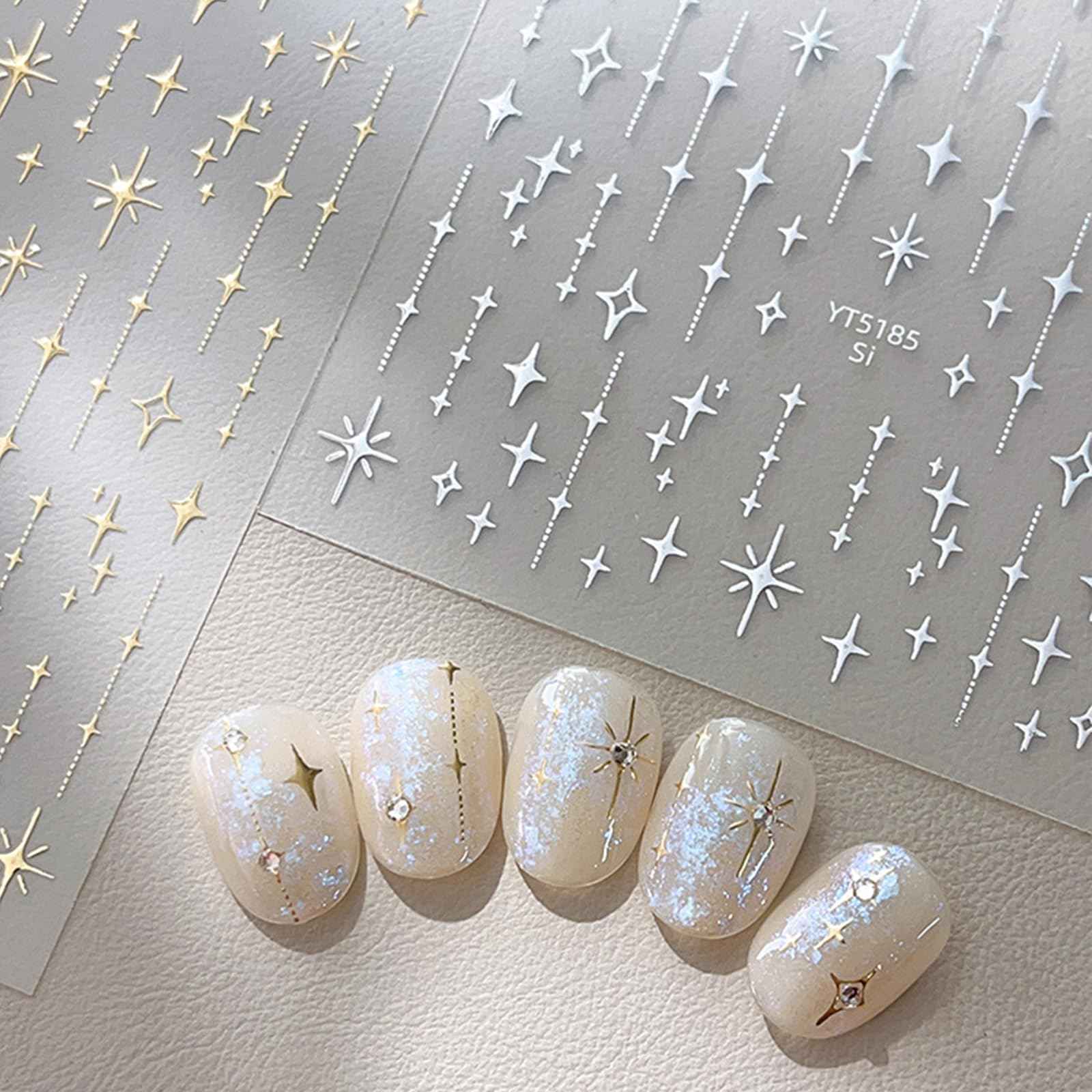 3 Sheets Star Nail Stickers Self Adhesive Aurora Silver Gold Star Nail Decals Glitter Shiny Design Nail Stickers Nail Art Supplies for Women DIY Manicure Acrylic Decoration