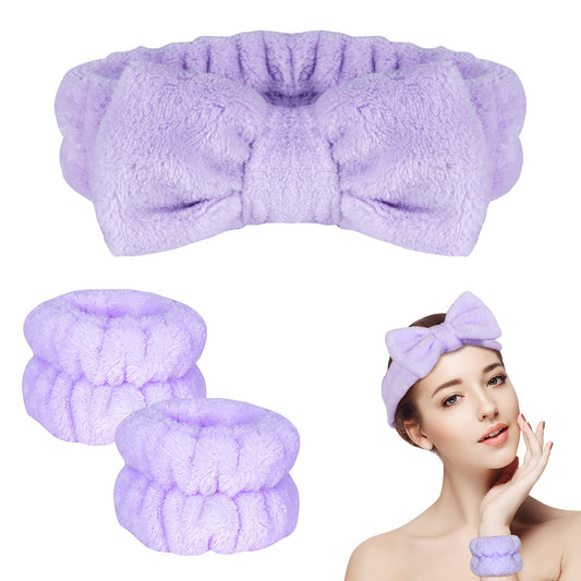 BLAAROOM 3PCS Bow Face Wash Headband and Wristband Set,Soft & Absorbent Spa Headband for Women Makeup Skincare Washing Face - Purple