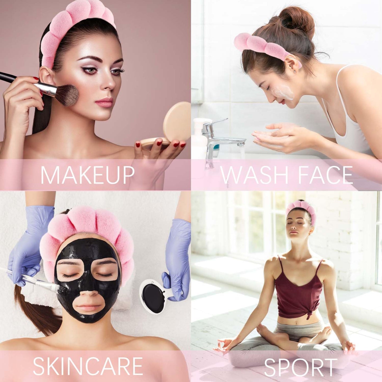 SuPoo Face Wash Headband and Wristband Set - Pink Terry Cloth Spa Hairband with Puffy Sponge, Makeup Headband, and Hair Band with Claw Clips