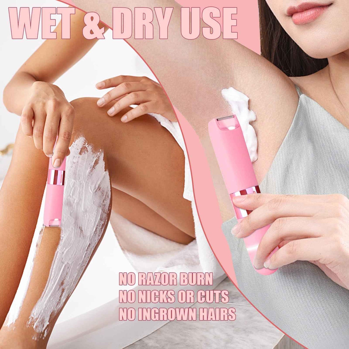 Bikini Trimmer for Women - 2 in 1 Painless Electric Razors for Women, IPX7 Waterproof Rechargeable LED Dual Head Electric Shaver for Lady Bikini Underarm, Body, Leg, Face Hair Remove - Pink