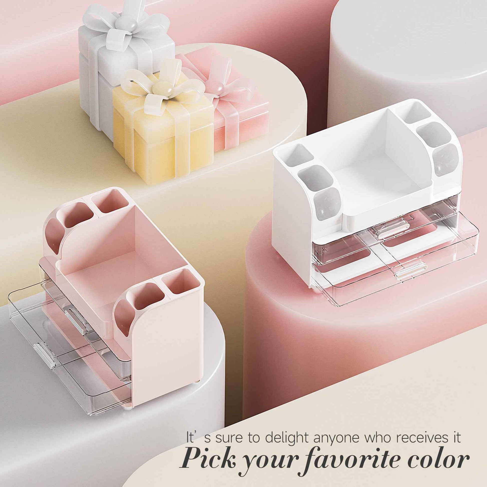 Delamu Makeup Organizer Countertop with 6 Brush Holder, Bathroom Countertop Organizer with 2 Large Drawers, Cosmetic Display Case for Vanity, Ideal Christmas Gifts for Women Girls, Light White