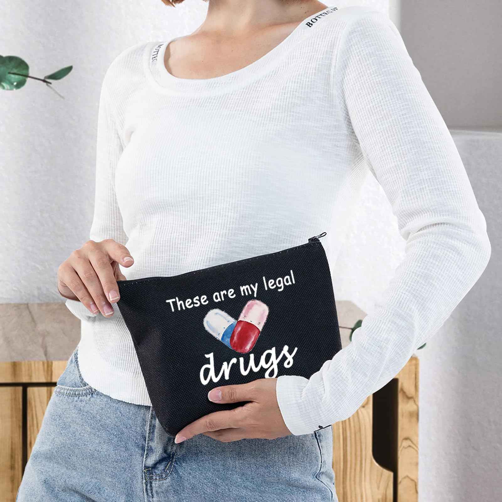 G2TUP Funny Medicine Bags for Women These are My Legal Drugs Cosmetic Bag Travel Pill Bags for Patient Friend (These Are My Legal Drugs Black)