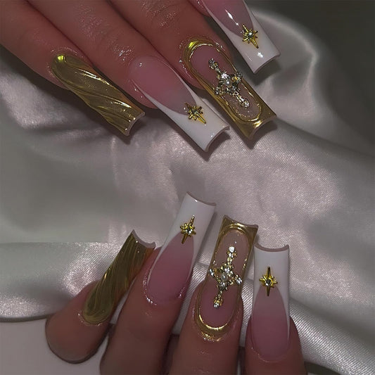 French Tip Press on Nails Long Square Fake Nails Glossy Gold Solid Color Coffin False Nails with 3D Relief Design Acrylic Nails Luxury Star Charms Glue on Nails for Women Girls Manicure Art 24Pcs