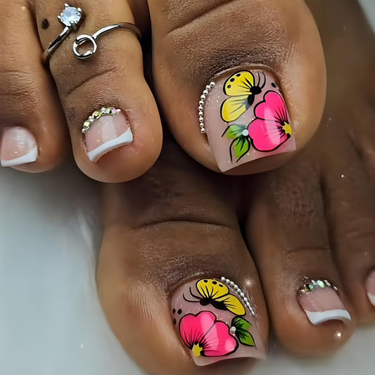 French Tip Press on Toenails, Square Fake Toenails Yellow Butterfly Pink Flower False Toenails Full Cover Short Toe Nail Tips with Rhinestone Glitters Design Glossy Glue on False Toenails for Women