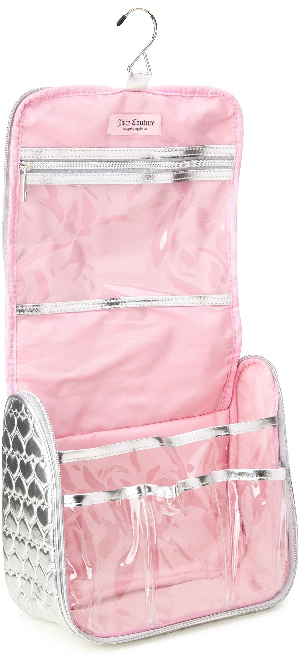 Juicy Couture Silver Makeup Bag Cosmetics Organizer Travel Essentials Hanging Hook Shiny Puffer Heart