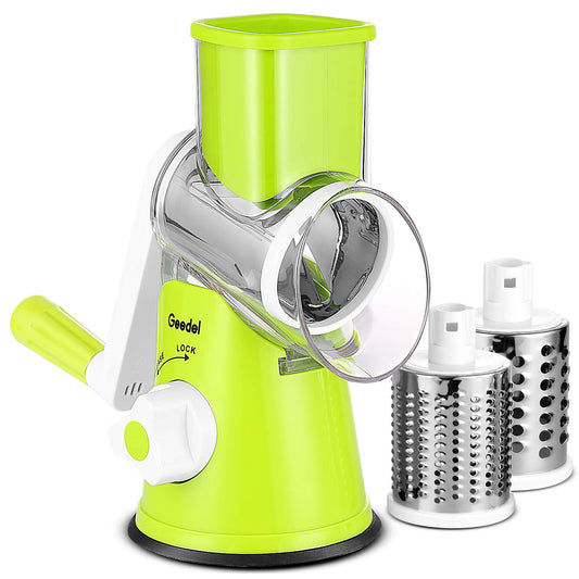 Geedel Rotary Cheese Grater, Kitchen Mandoline Vegetable Slicer with 3 Interchangeable Blades, Easy to Clean Rotary Grater Slicer for Fruit, Vegetables, Nuts