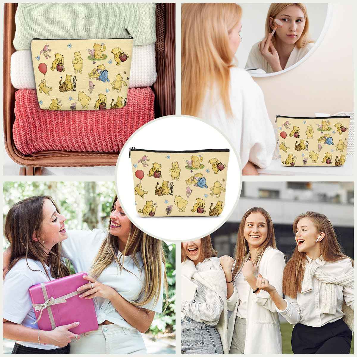 1Pcs Cute Winnie Decor Gift for Women, Classic Winnie Makeup Bags, the Pooh Make Up Pouch with Zipper, Yellow Travel Make Up Pouch, Perfect for Women Girls Birthday Gifts