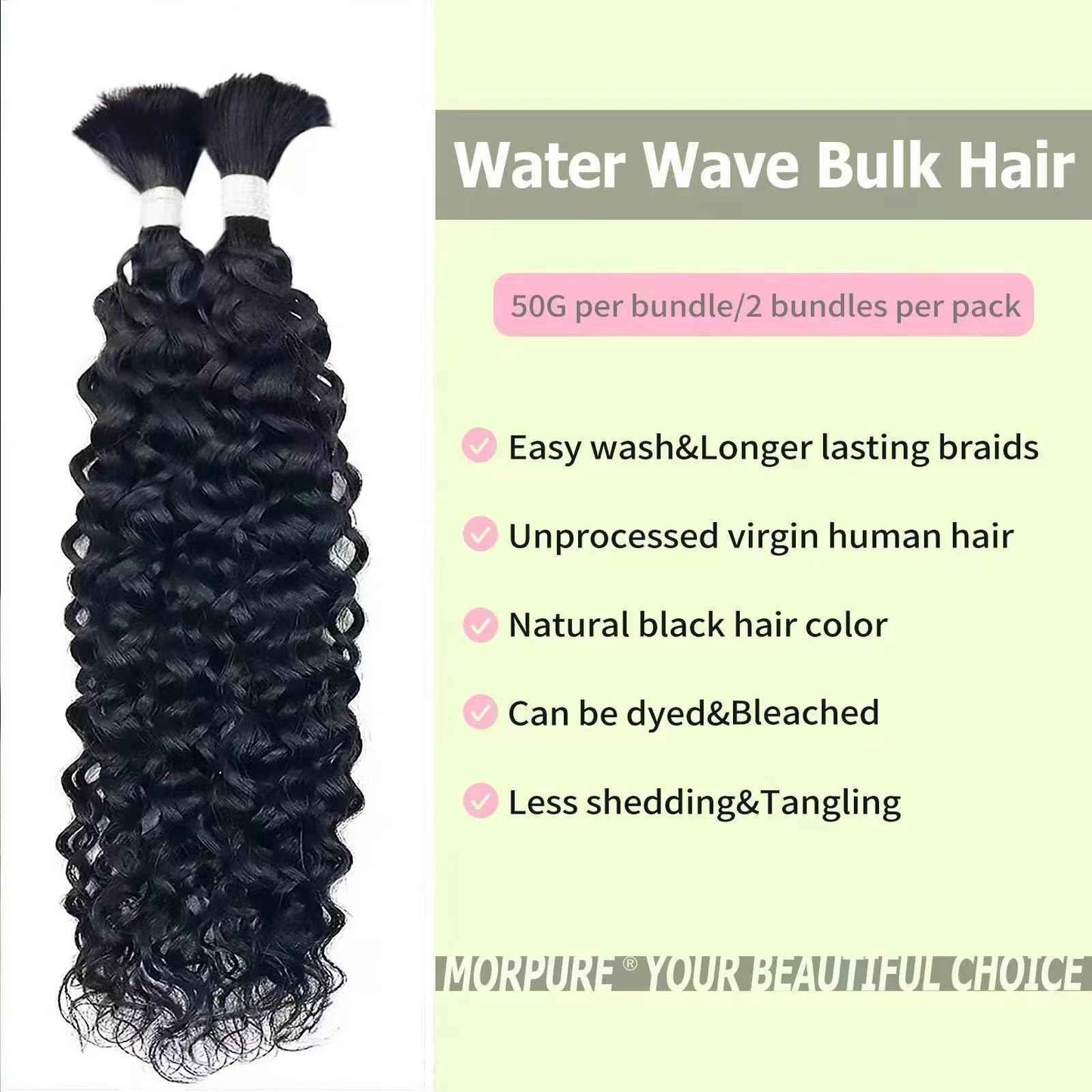 Morpure 16 Inch Human Braiding Hair for Boho Braids Curly Human Hair Braiding Hair Wet and Wavy Unprocessed Virgin Water Wave Human Hair for Braiding Natural Color 2 Bundles/Pack (Total 100G)