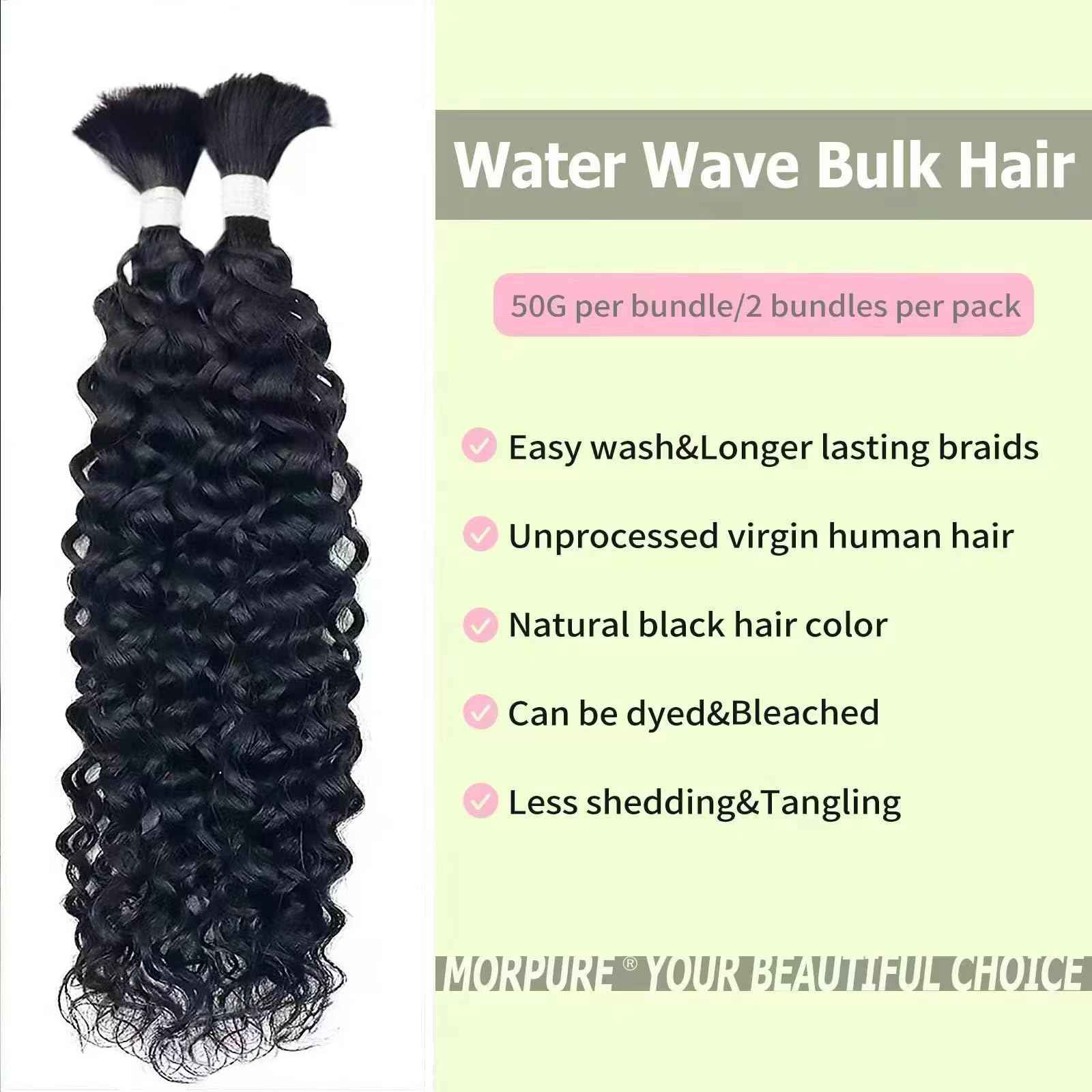 Morpure 16 Inch Human Braiding Hair for Boho Braids Curly Human Hair Braiding Hair Wet and Wavy Unprocessed Virgin Water Wave Human Hair for Braiding Natural Color 2 Bundles/Pack (Total 100G)