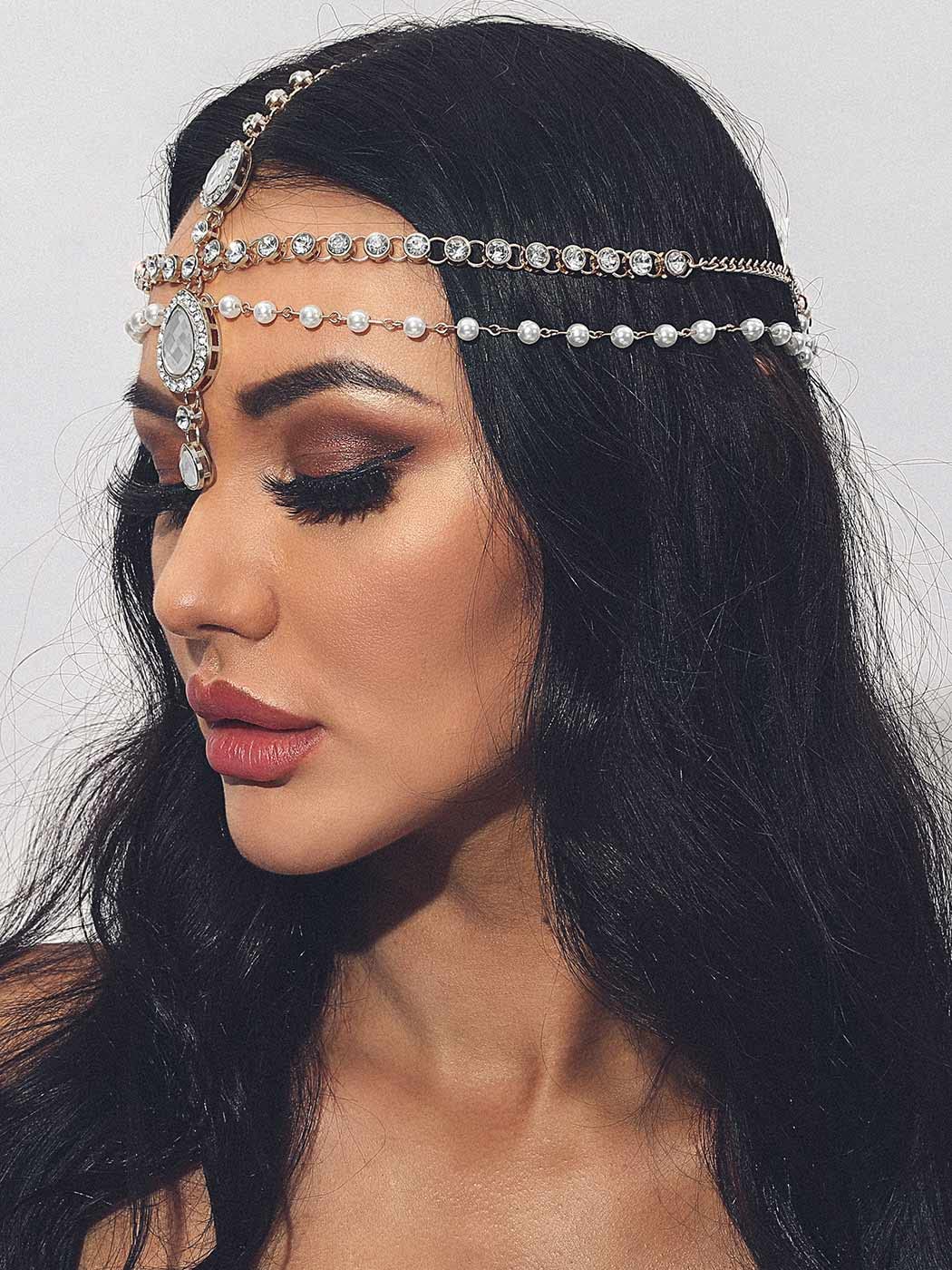 Aukmla Rhinsetones Head Chain Pearl Head Piece Jewelry Festival Halloween Prom Fashion Hair Accessories for Women and Girls