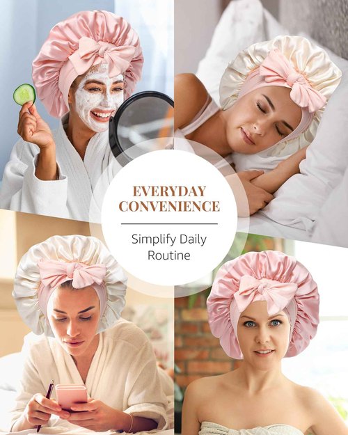 AWAYTR Silk Bonnet for Sleeping Women 100% Mulberry Silk Bonnet with Band 2 Layer Reversible Hair Bonnet Sleeping Hair Wrap (Pink/Beige)