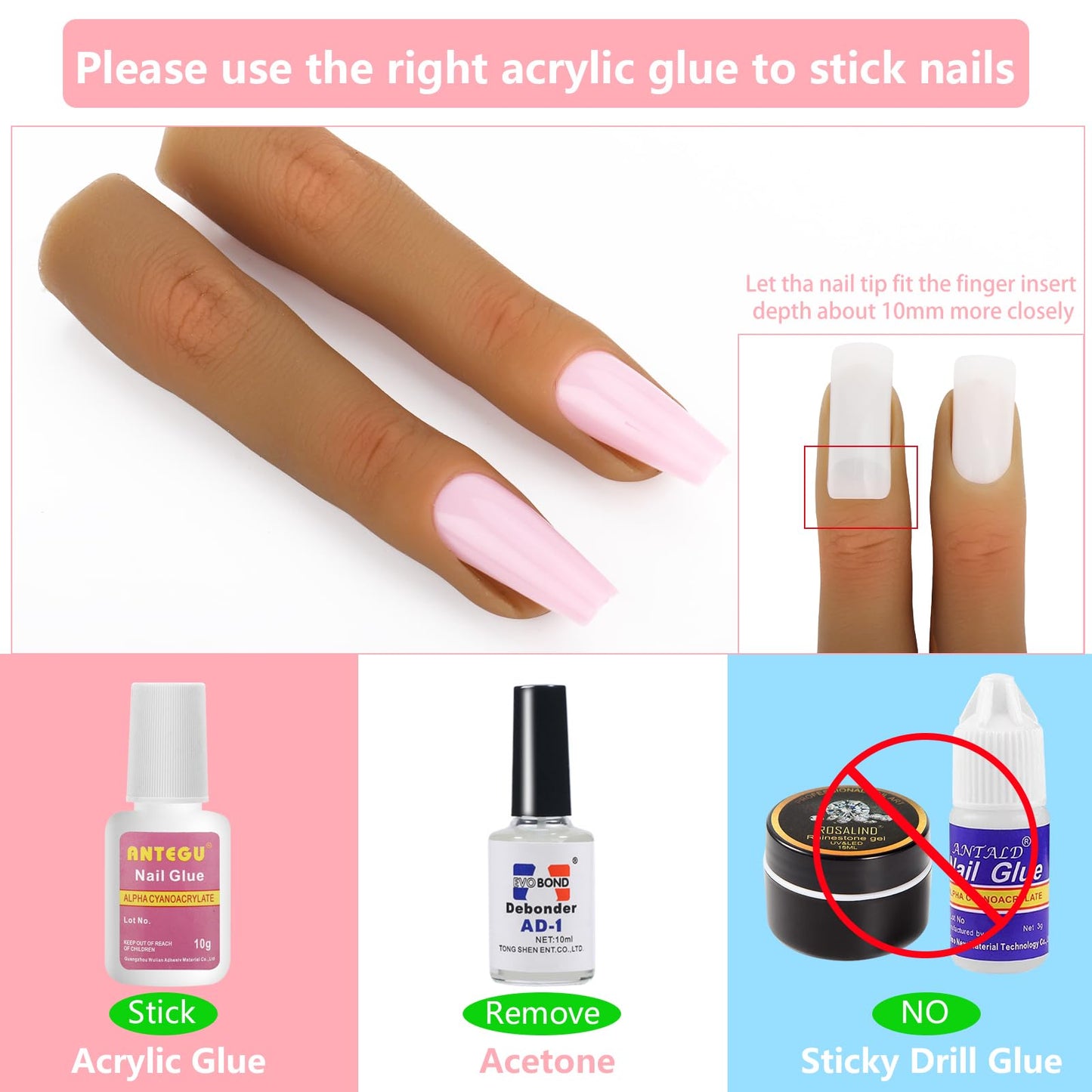 Silicone Practice Fingers for Acrylic Nails, Bendable Fake Nail Training Finger Manicure DIY Nail Art (4-2pcs)