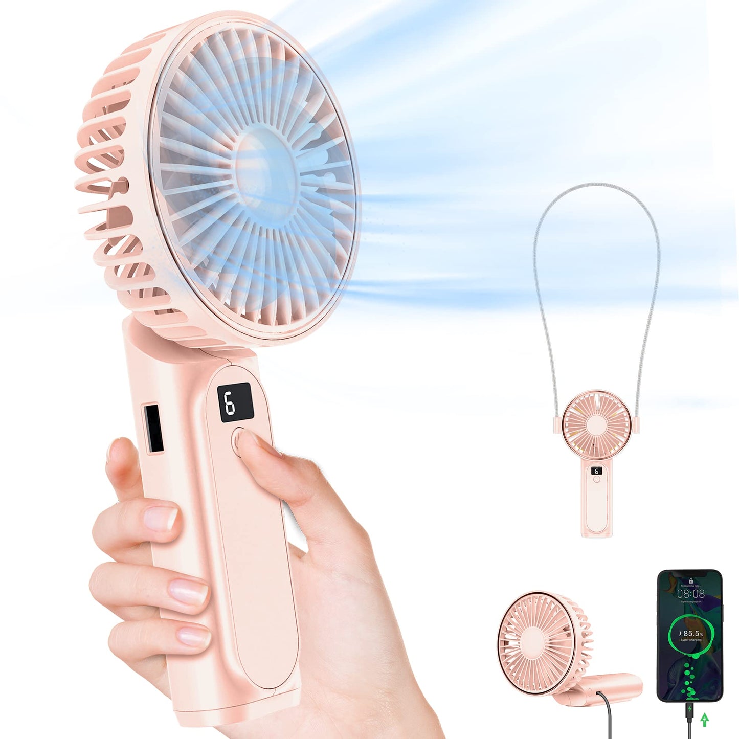 TUNISE Portable Handheld Fan, Portable Fan Rechargeable, 4000mAh, 180° Adjustable, 6 Speed Wind, Display Electricity in Real Time, USB Rechargeable Foldable Fan, Quiet Personal Fan with Power Bank