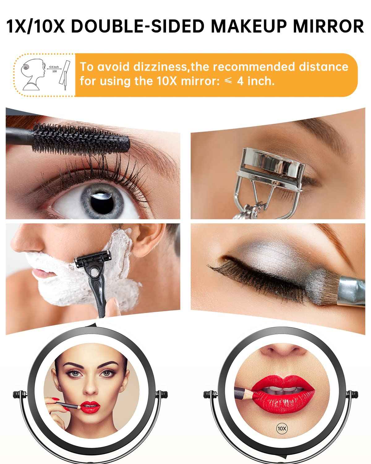 Gospire 7" Lighted Makeup Mirror with Magnification 10X/1X Double Sided, Round Magnifying LED Vanity Standing Cosmetic Shaving Mirror with Battery Operated, Cordless Portable for Bathroom Bedroom