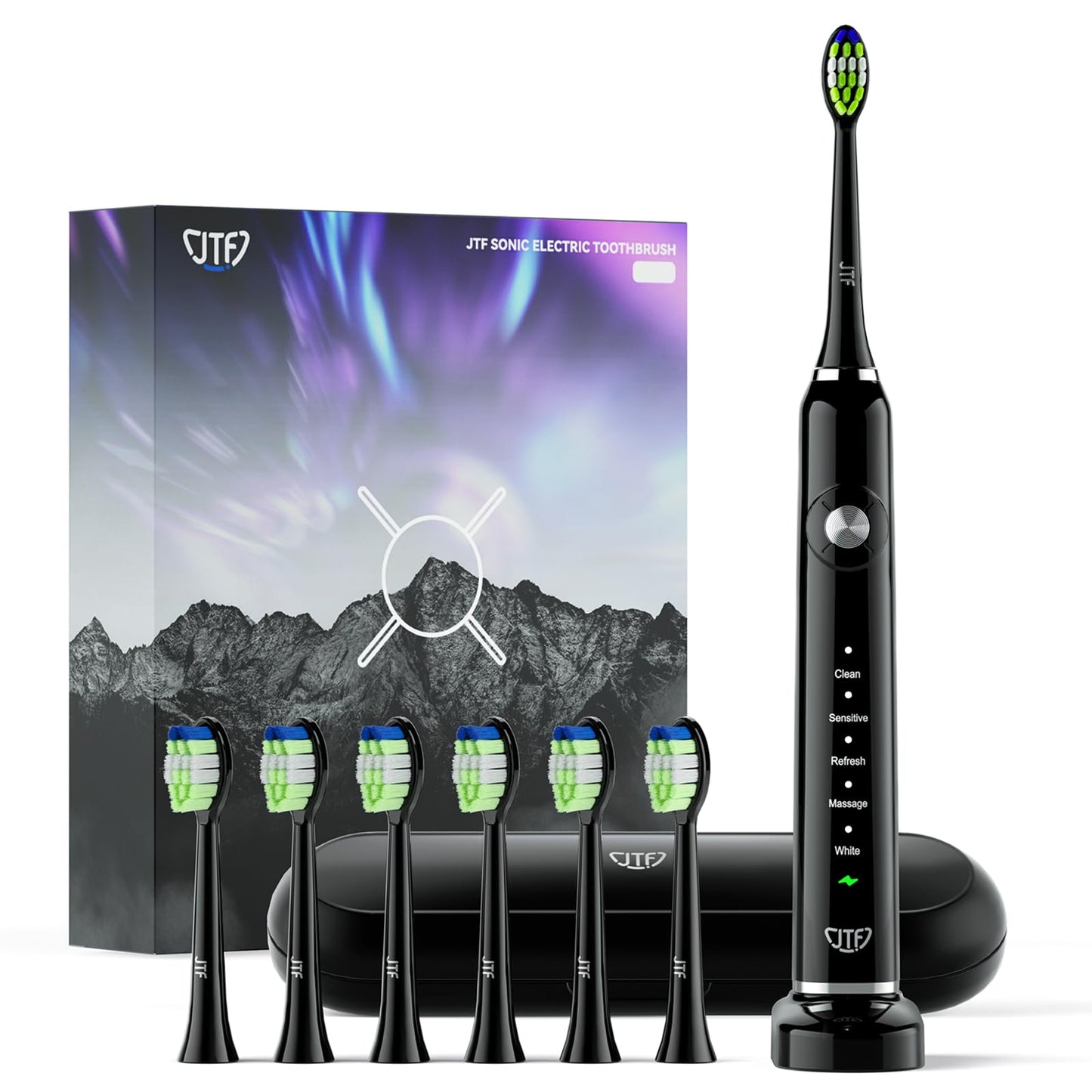 JTF Sonic Electric Toothbrush for Adults, Rechargeable Toothbrushes with 6 Brush Heads and a Travel Case, 5 Modes Auto Smart Timer Tooth Brush, Power Waterproof Sonicbrush for Men Women, Black