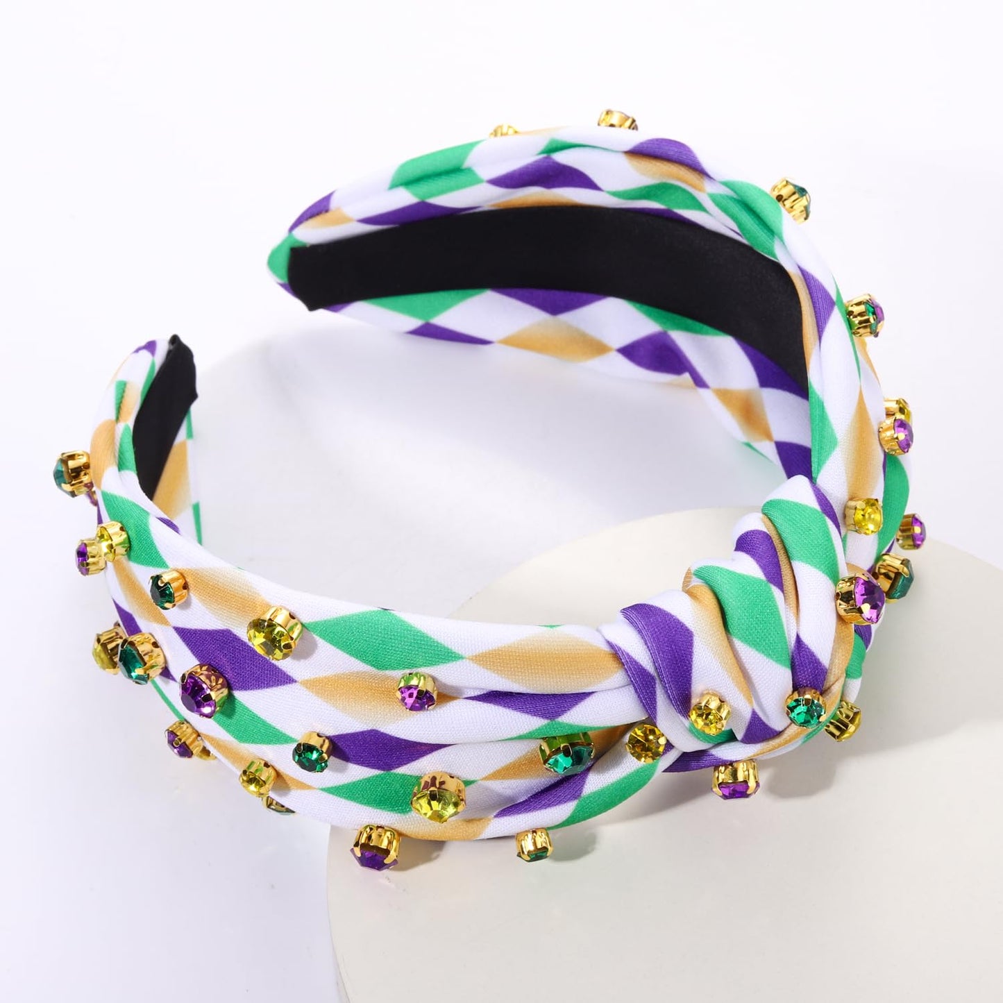 GLBCC Mardi Gras Headband for Women Mardi Gras Masks Knotted Headband Accessories Purple Rhinestone Beads Jeweled Wide Hairband Carnival Parade Outfit Decorations (mardi gras knot hairband A)