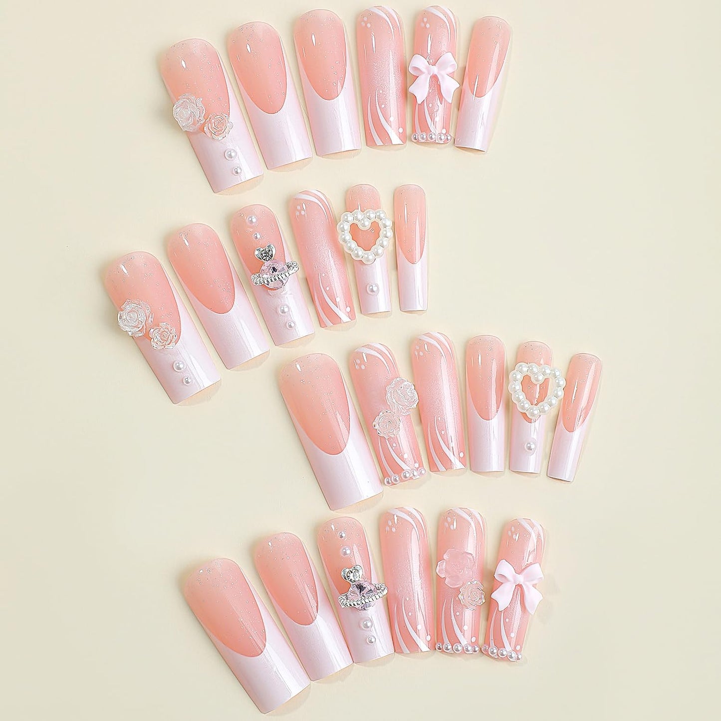 24Pcs French Tip Square Fake Nails Medium Press on Nails with Rhinestone Bow Flower Charm Designs False Nails Full Cover Pink Stick on Nails Cute Nail Decorations for Women