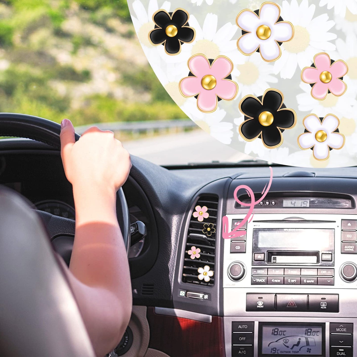 Frienda 6 Pcs Daisy Flower Air Vent Clip Air Freshener Outlet Clip Car Air Conditioning Clip Charm Car Inter Decor(Black, Pink, White, 3 cm, 3.3 cm)