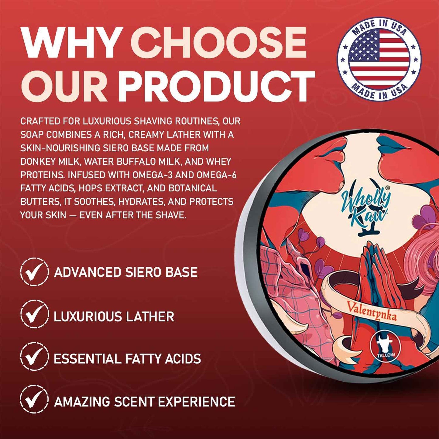 Valentynka Tallow Shaving Soap. Enriched with Donkey Milk, Water Buffalo Milk, Whey Proteins, Omega 3, Omega 6, Hops Extract. Canadian Fir, Leather, Orange, Jasmine, Sugar, Amber, Saffron, Cedarwood