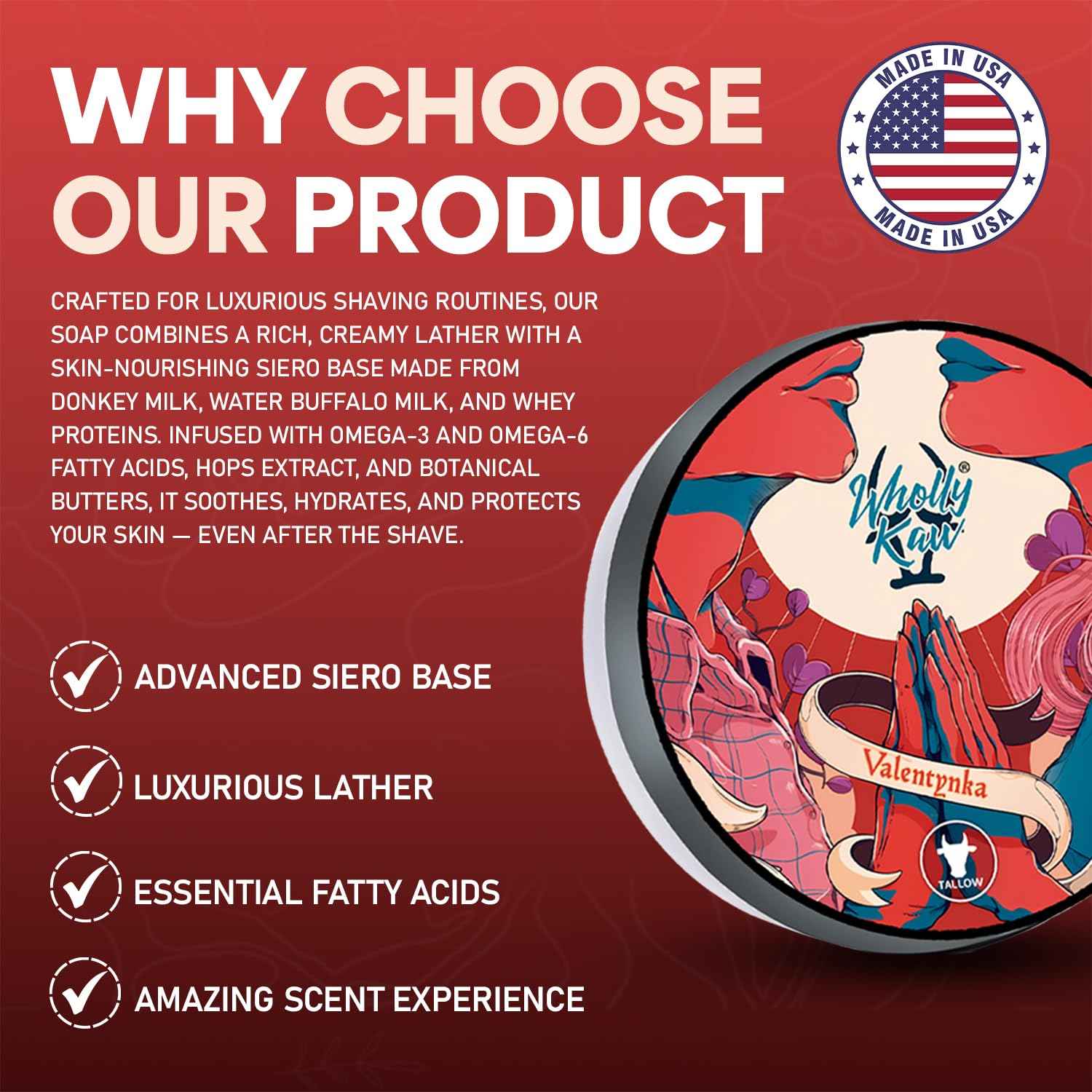 Valentynka Tallow Shaving Soap. Enriched with Donkey Milk, Water Buffalo Milk, Whey Proteins, Omega 3, Omega 6, Hops Extract. Canadian Fir, Leather, Orange, Jasmine, Sugar, Amber, Saffron, Cedarwood