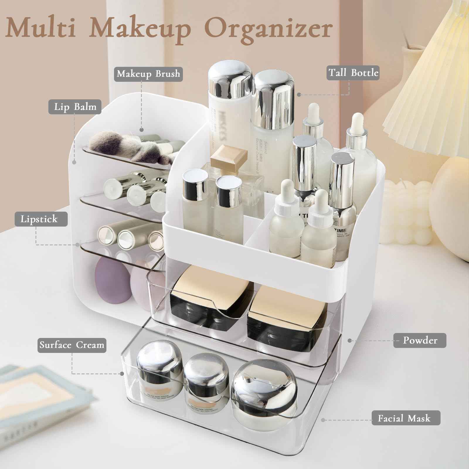 FZHZZ Makeup Organizer Countertop for Vanity, Cosmetic Organizer with Travel Makeup Brush Holder, Skincare Organizer & Storage with Drawers for Bathroom, Beauty Essentials, Eyeshadow, Lotions