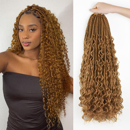 Goddess Box Braids Crochet Hair 24 Inch 8 Packs Bohemian Pre-looped Box Braids Crochet Braiding Hair Extensions Boho Crochet Box Braids with Curly Ends 27#