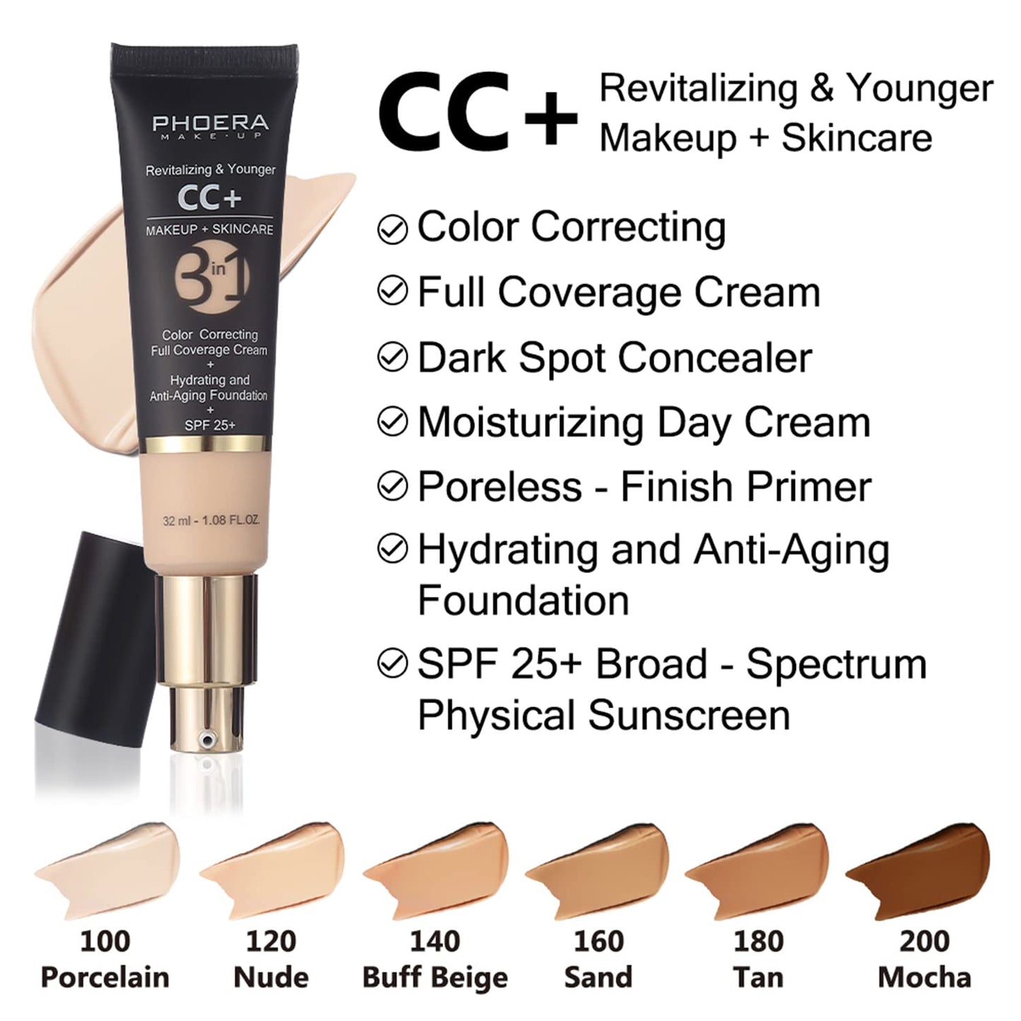 PHOERA CC+ Cream,Full Coverage Foundation，Color Correcting Cream,Anti Aging Hydrating Serum & SPF 25+ Sunscreen - Natural Finish - 1.08 fl oz (140 Buff Beige)