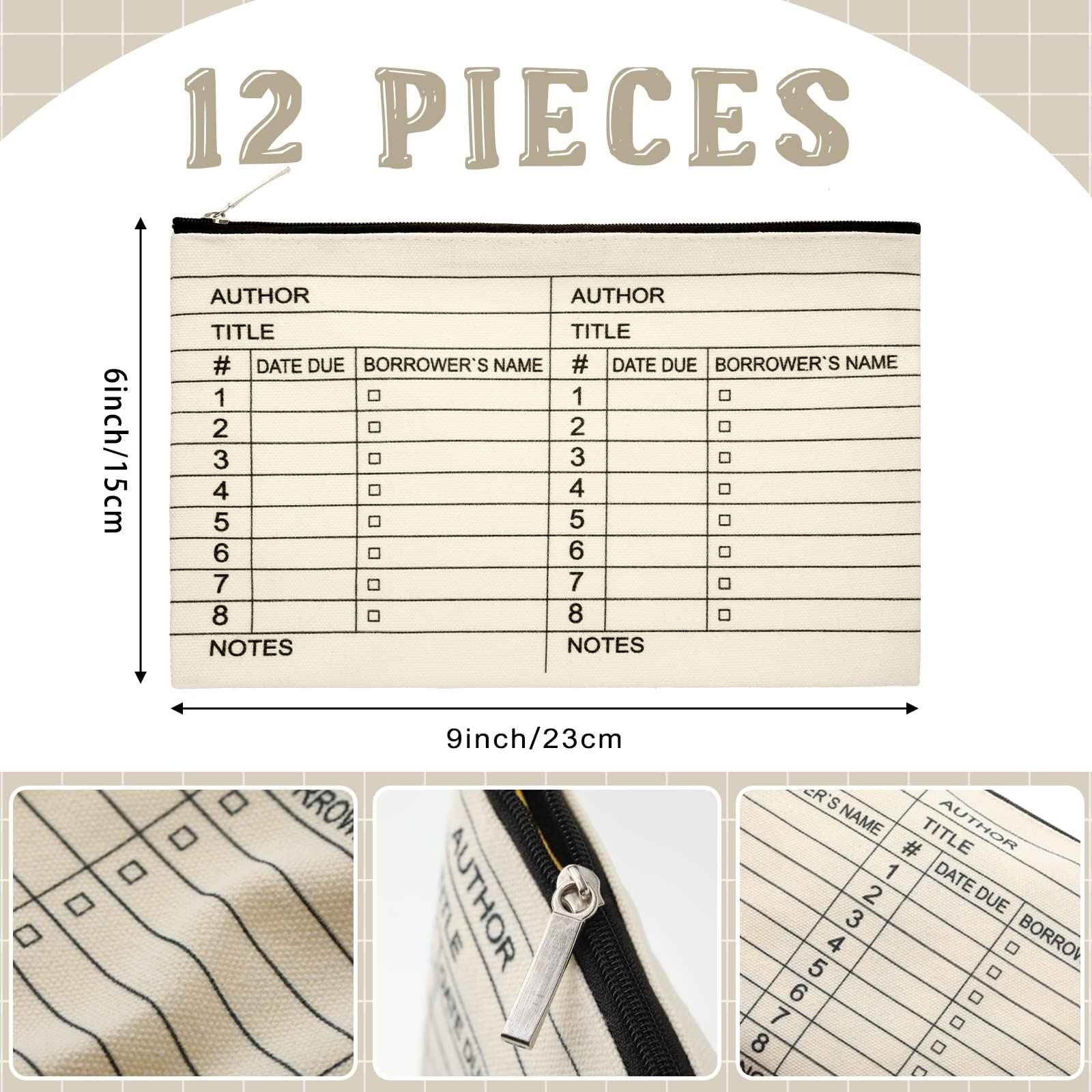 Yinder 12 Pcs Librarian Gifts for Book Lovers Thank You Library Card Pouch Bulk Teacher Librarian Appreciation Gifts for School Library Zipper Pouch Date Stamp(Classic Style)