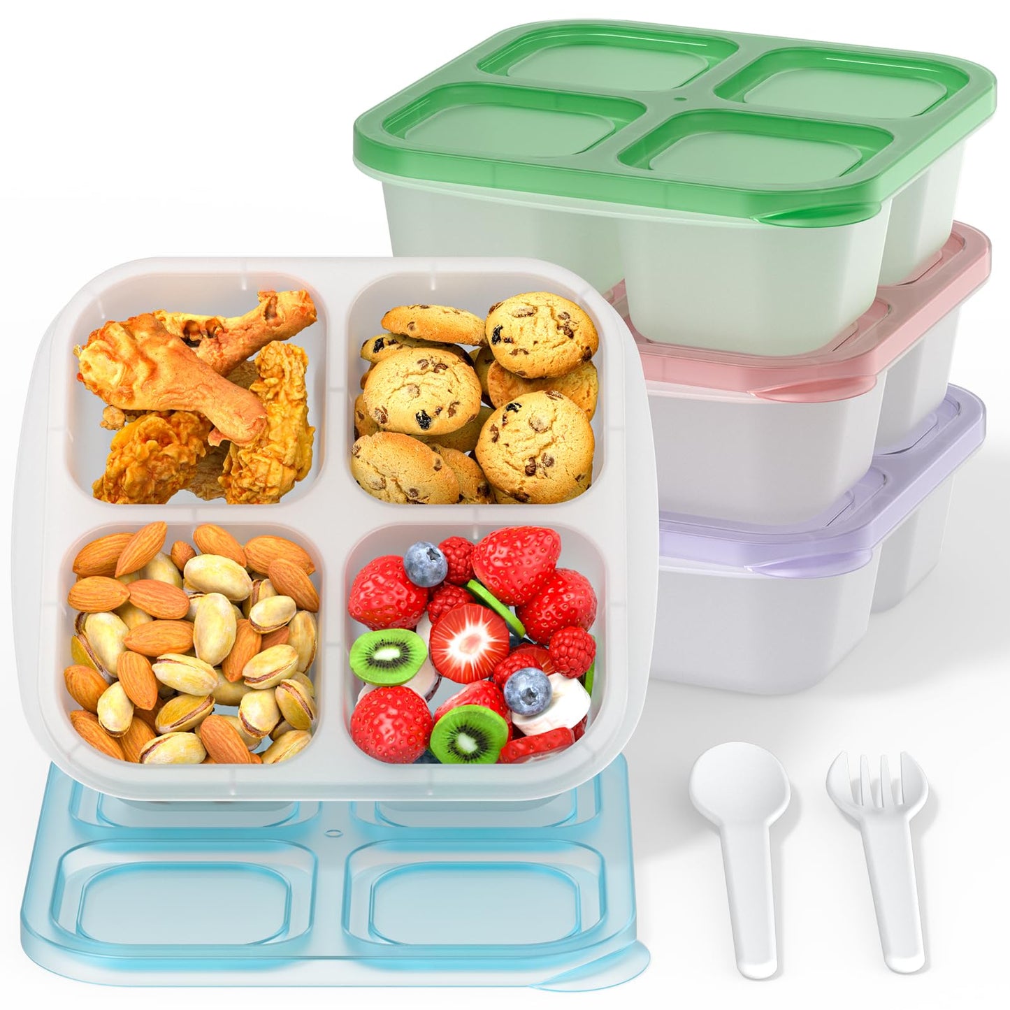 Bento Snack Boxes (4 Pack)- Reusable 4-Compartment Meal Prep Containers for Kids and Adults, Perfect Food Storage Containers for School, Compact and Stackable (Transparent(Red/Green/Blue/Purple))