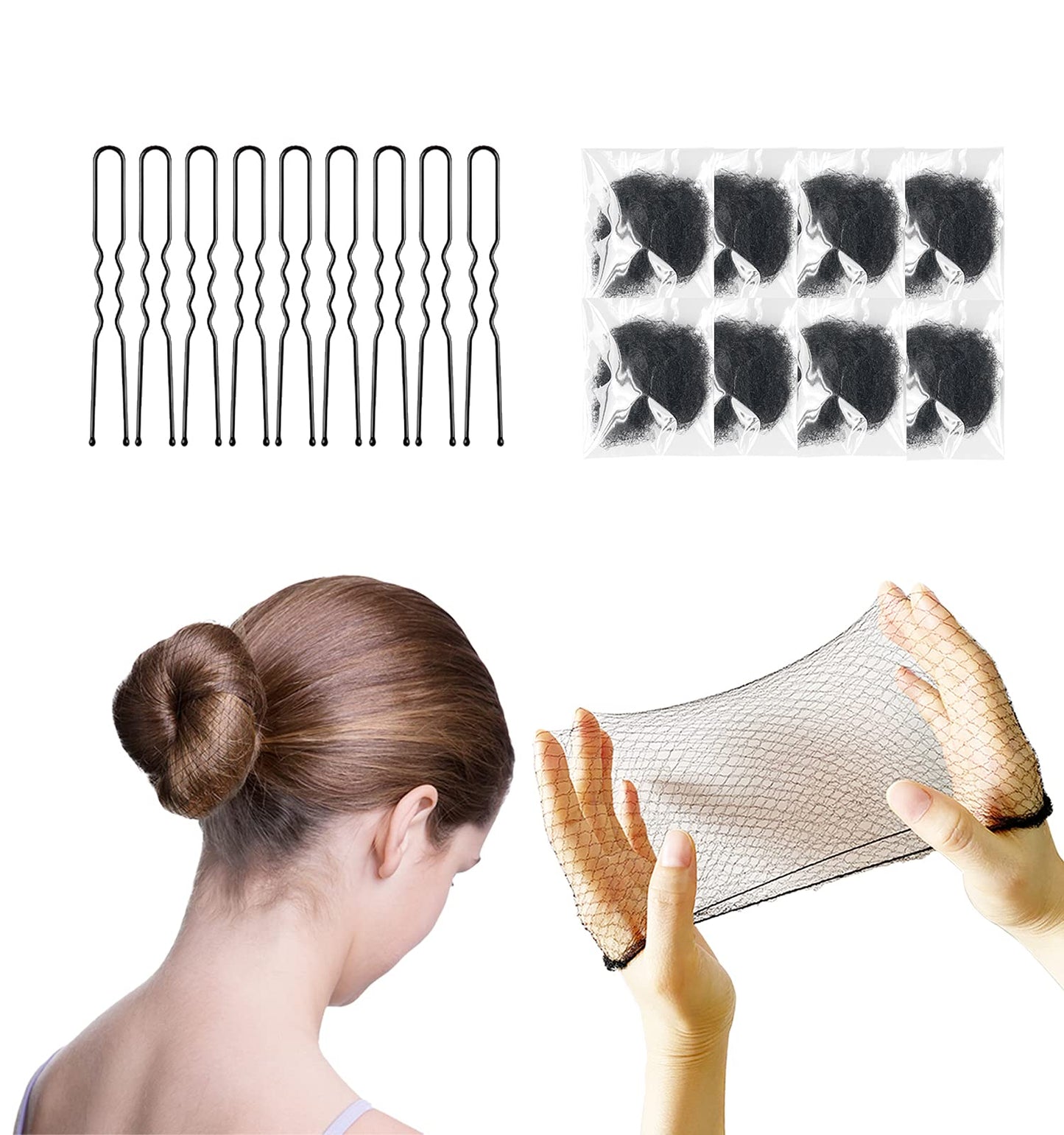 Invisible Hair Nets and U-Shaped Hair Pins Set - 50 Elastic Mesh Nets and 10 Positioning Pins for Women's Hair Buns (Black)