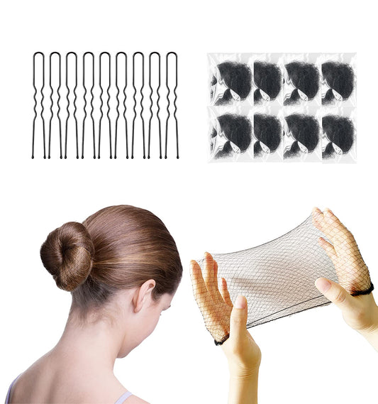 Invisible Hair Nets and U-Shaped Hair Pins Set - 50 Elastic Mesh Nets and 10 Positioning Pins for Women's Hair Buns (Black)