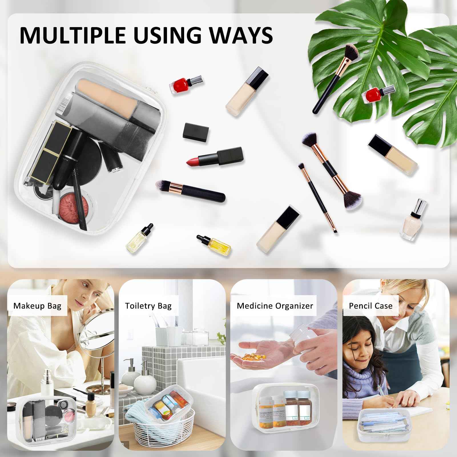 Moyad TSA Approved Clear Toiletry Bag, 2 Pack Quart Size 3-1-1 Liquids Pouch for Travel, Transparent Makeup & Cosmetic Organizer for Women Men, Beige